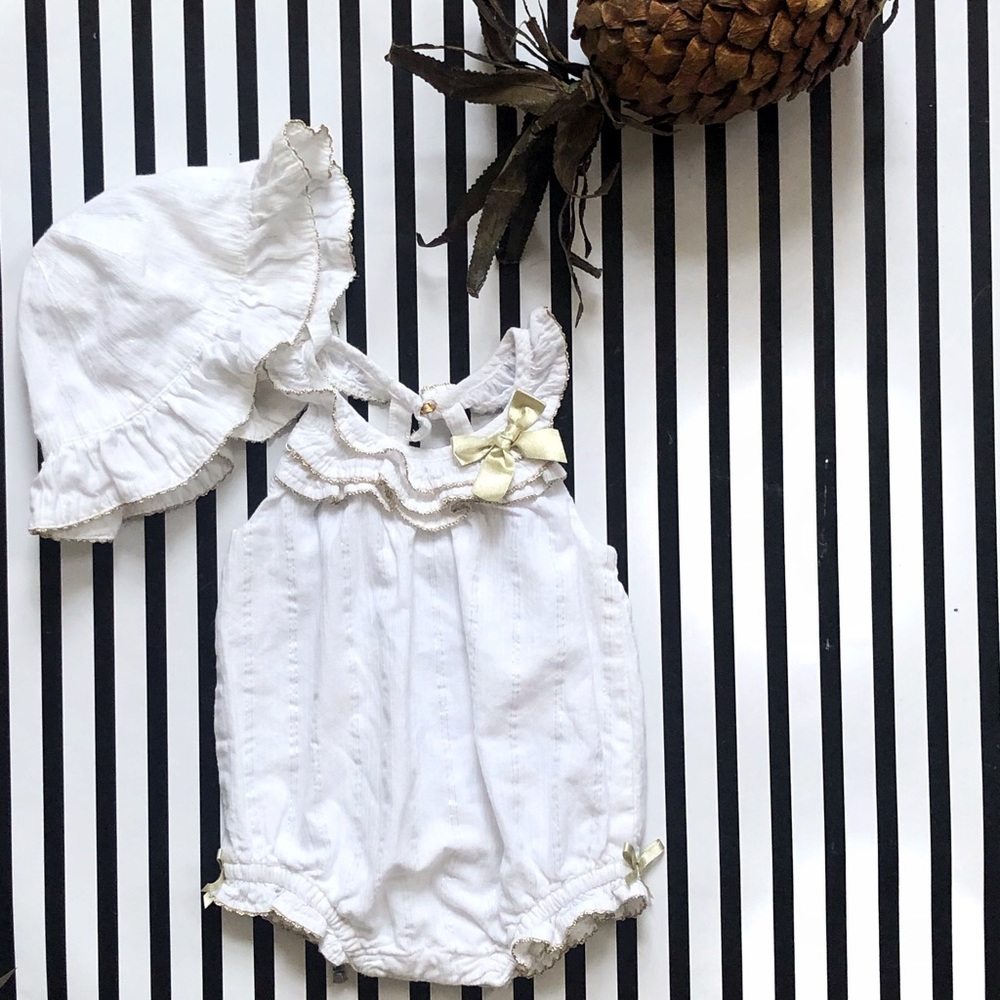 Tahiri Baby White Romper & Hat Set Size 3-6M